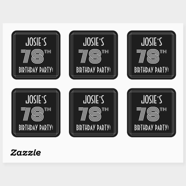 78th Birthday Party: Art Deco Style & Custom Name Square Sticker (Sheet)