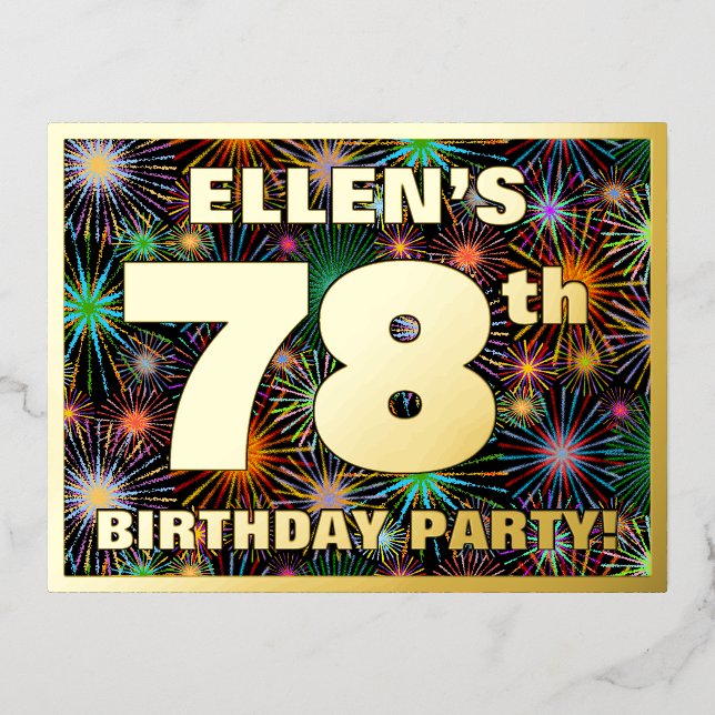 78th Birthday Party: Bold, Colourful Fireworks Loo Foil Invitation Postcard (Front)