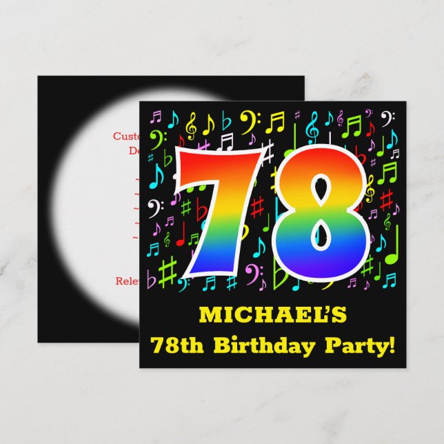 78th Birthday Party: Fun Music Symbols, Rainbow 78 Invitation (Front/Back)