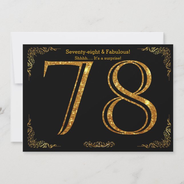 78th Birthday party,Gatsby styl,black gold glitter Invitation (Front)