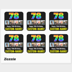 78th Birthday: Rainbow “78”; Custom Photos & Name Square Sticker