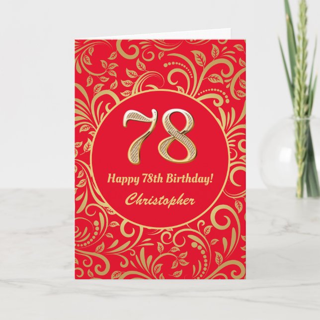 78th Birthday Red and Gold Floral Pattern Card (Front)