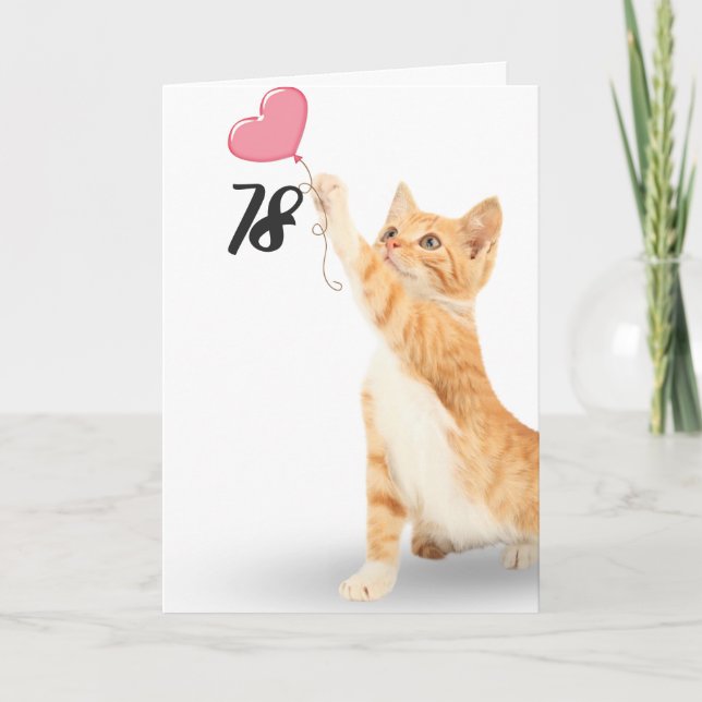78th birthday tabby cat with heart balloon card (Front)