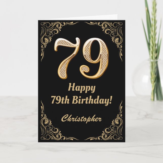 79th Birthday Black and Gold Glitter Frame Card (Front)