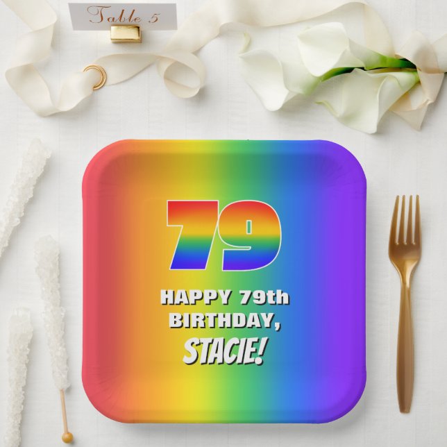 79th Birthday: Colourful, Fun Rainbow Pattern # 79 Paper Plate (Wedding)