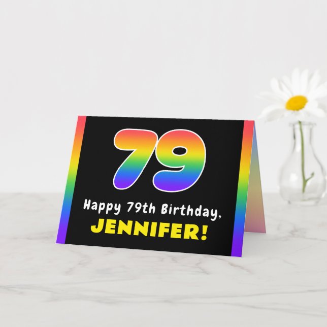 79th Birthday: Colourful Rainbow # 79, Custom Name Card (Small Plant)