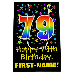 79th Birthday: Colourful Stars Pattern & Rainbow 7 Medium Gift Bag