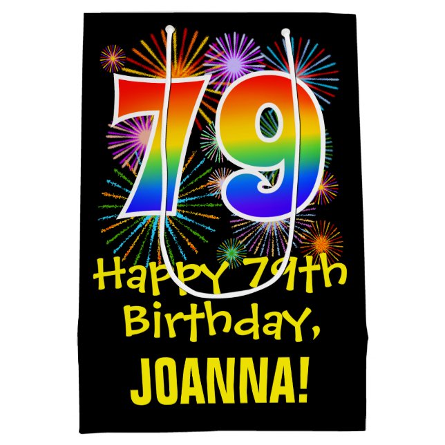 79th Birthday: Fun Fireworks Pattern + Rainbow 79 Medium Gift Bag (Back)