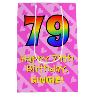 79th Birthday: Fun Pink Hearts Stripes; Rainbow 79 Medium Gift Bag