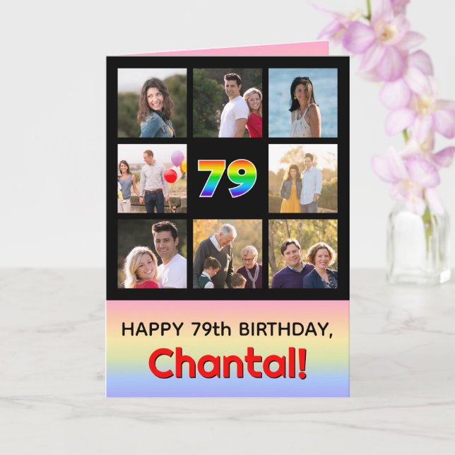 79th Birthday: Fun Rainbow #, Custom Photos + Name Card (Orchid)