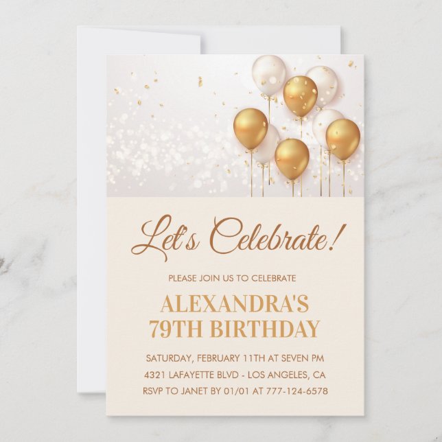 79th birthday invitations Balloons Gold  (Front)