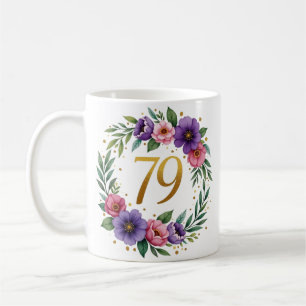 79th Birthday Mug – Floral Wreath with Gold Number