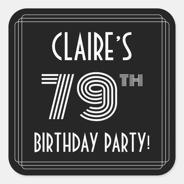 79th Birthday Party: Art Deco Style & Custom Name Square Sticker (Front)