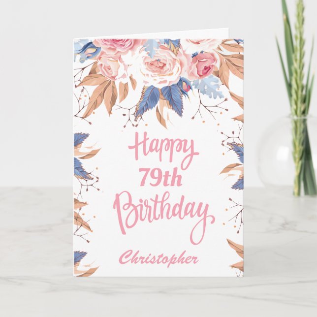 79th Birthday Watercolor Botanical Pink Floral Card (Front)