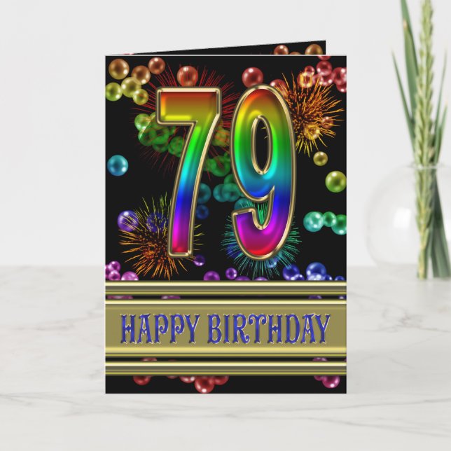 79th Birthday with rainbow bubbles and fireworks Card (Front)