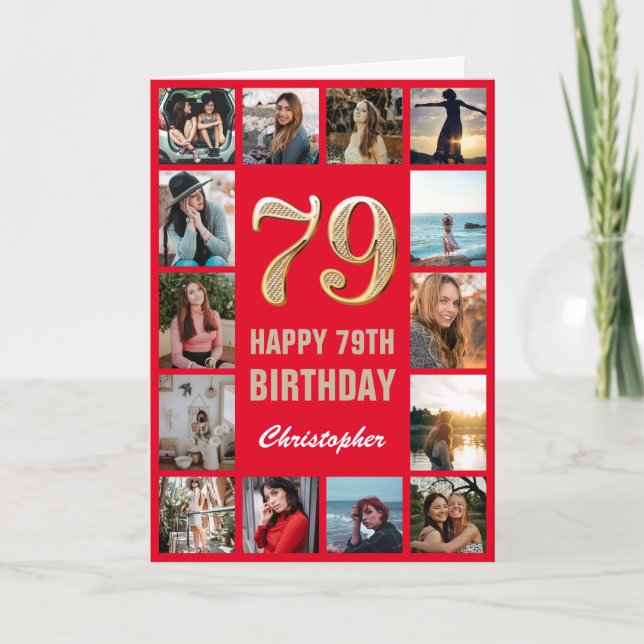 79th Happy Birthday Red and Gold Photo Collage Card (Front)