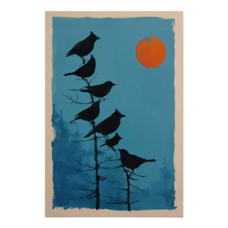 7 Birds and Moon Poster