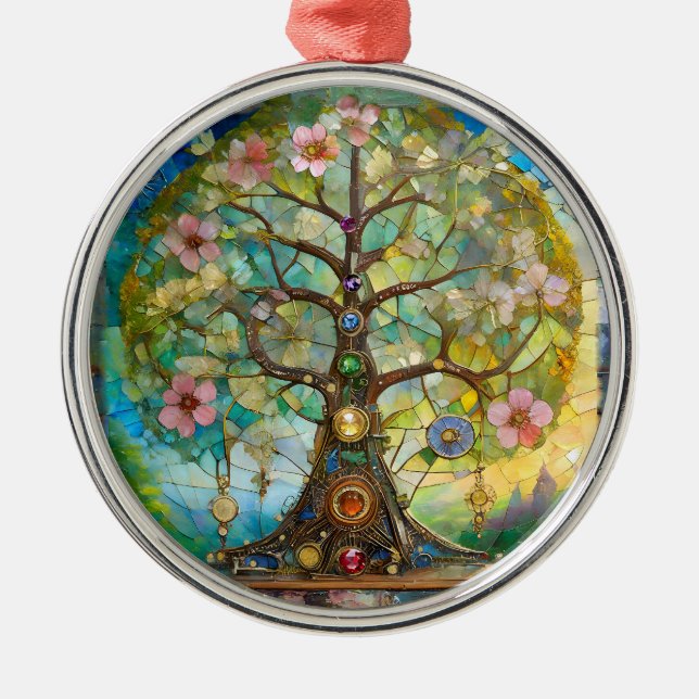 7 Chakra Blossoming Tree Of Life Metal Ornament (Front)