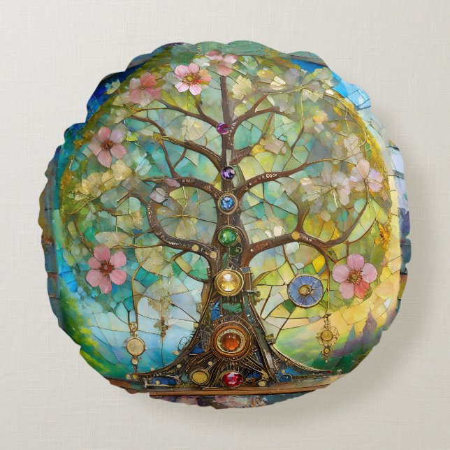 7 Chakra Blossoming Tree Of Life Round Pillow (Front)