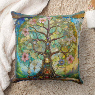 7 Chakra Blossoming Tree Of Life Throw Pillow