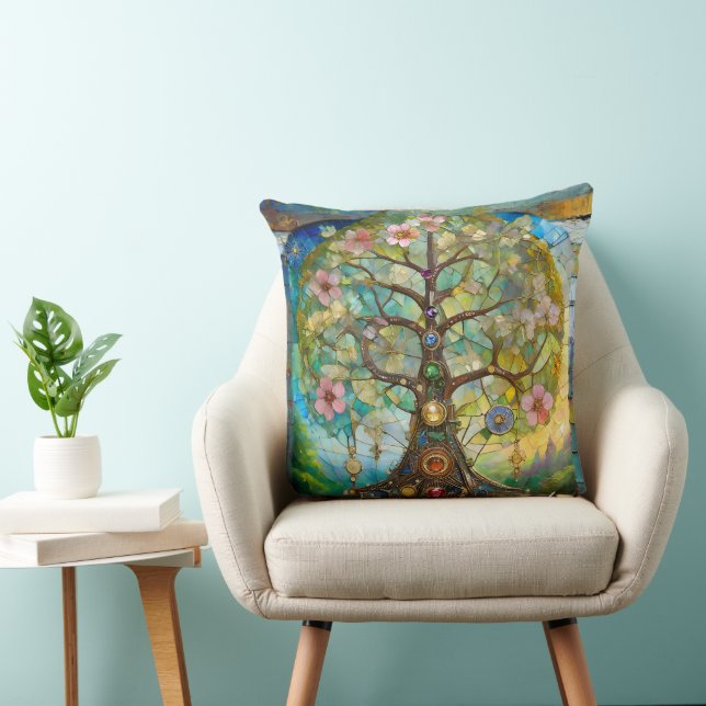 7 Chakra Blossoming Tree Of Life Throw Pillow (Chair)