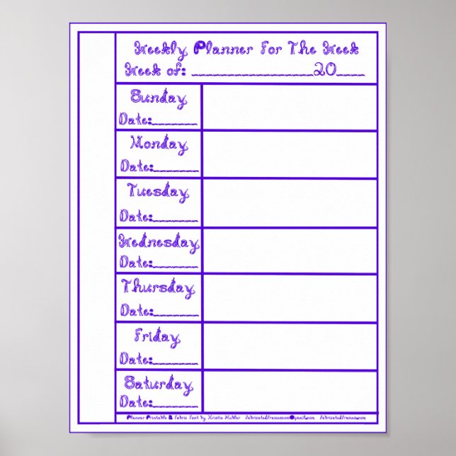 7 Day Blue Fabric Font Weekly Planner Printable Poster (Front)