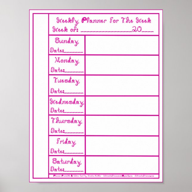 7 Day Magenta Fabric Font Weekly Planner Printable Poster (Front)