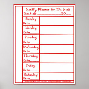 7 Day Red Fabric Font Weekly Planner Print Poster