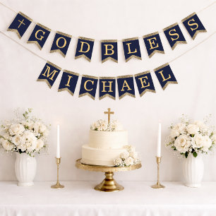 7 Letters Blue Gold God Bless Baptism Communion Bunting Flags
