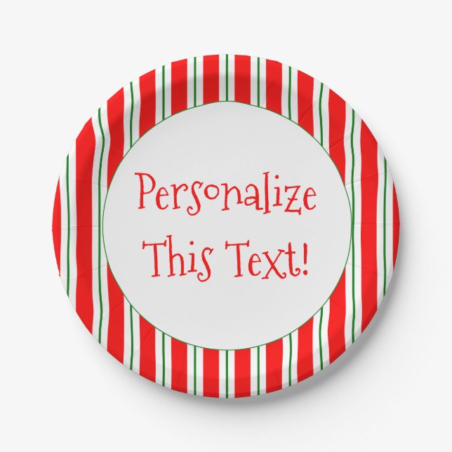 7" Personalized Holiday Candy Stripe Paper Plate (Front)
