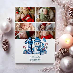 7 Photo Blue Snowman First Christmas Holiday Card
