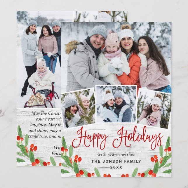 7 PHOTO Christmas Rustic Birch Bark Greeting Holiday Card (Front/Back)