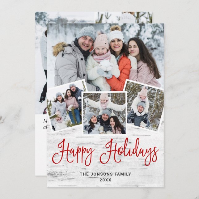 7 PHOTO Christmas Rustic Birch Bark Greeting Holiday Card (Front/Back)