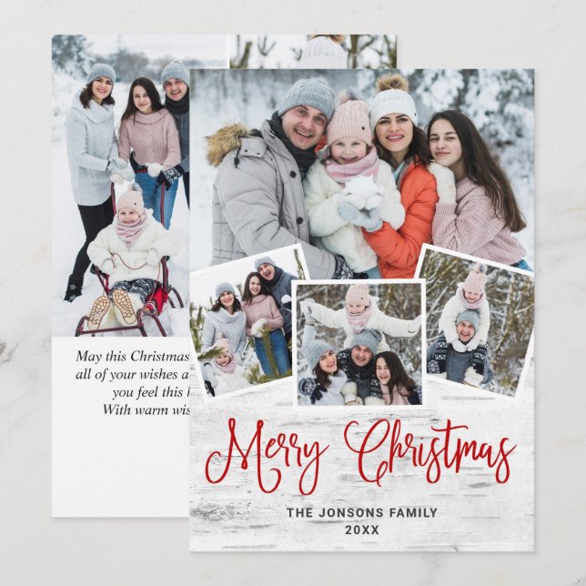 7 PHOTO Christmas Rustic Birch Bark Greeting Holiday Card (Front/Back)