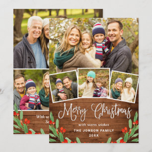 7 PHOTO Christmas Rustic Brown Wood Greeting Holiday Card