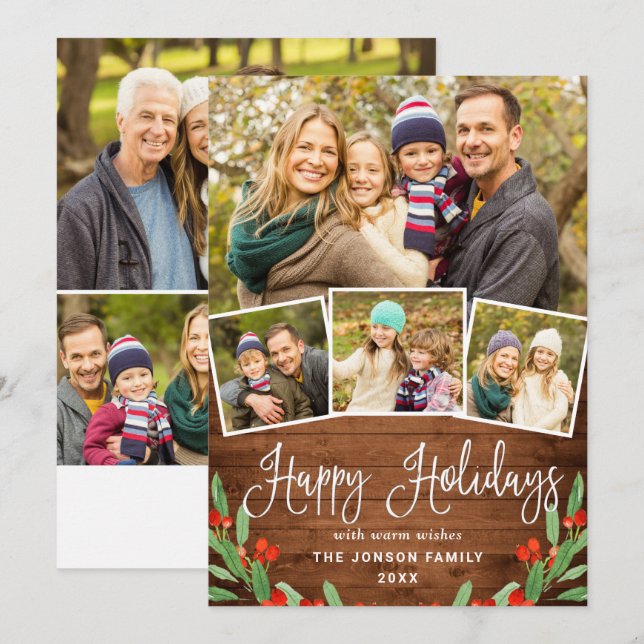 7 PHOTO Christmas Rustic Brown Wood Greeting Holiday Card (Front/Back)