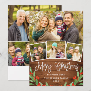 7 PHOTO Christmas Rustic Brown Wood Greeting Holiday Card