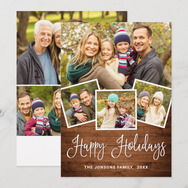 7 PHOTO Christmas Rustic Brown Wood Greeting Holiday Card (Front/Back)