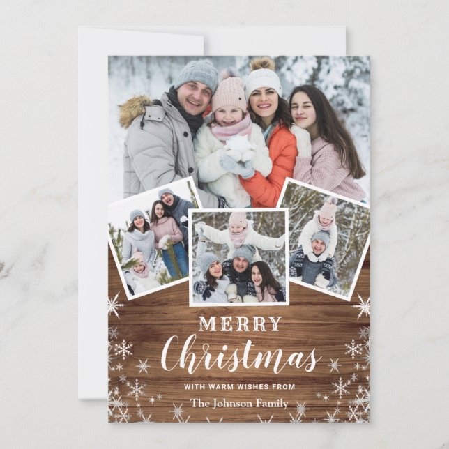 7 PHOTO Christmas Rustic Wood Greeting Holiday Card (Front)