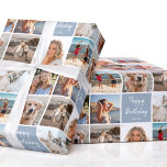 7 Photo Collage Birthday Custom Name Blue Grey Wrapping Paper<br><div class="desc">Create a beautiful photo collage with this stylish personalized wrapping paper! With seven of your own photos and a custom name to make it truly unique. A simple yet chic design with a grid of square-shaped photographs, perfect for family, kids, friends, pets or favourite places! This seamless pattern also features...</div>