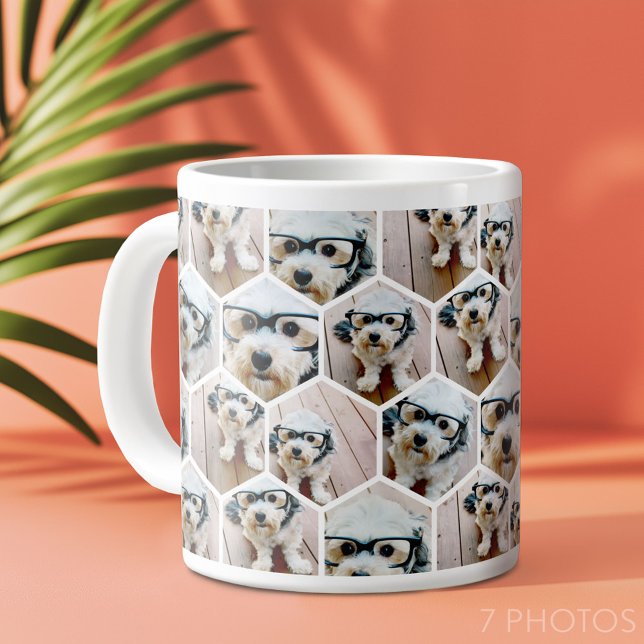 7 Photo Collage - funky hexagon pattern Large Coffee Mug (7 Photo Personalized Mug - funky honeycomb pattern)