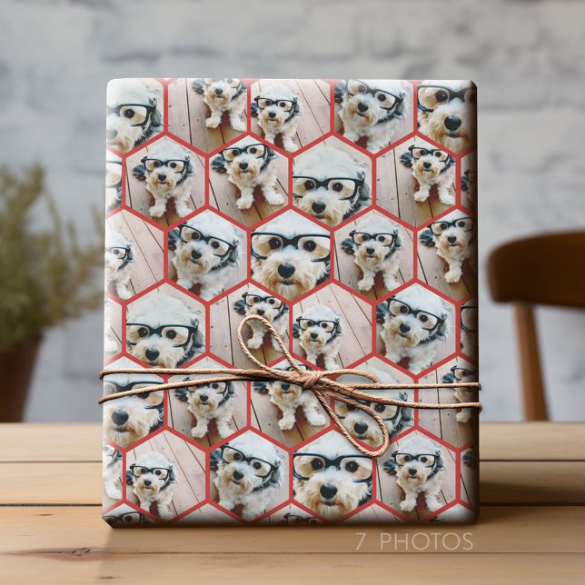 7 Photo Collage - funky hexagon pattern - red Wrapping Paper (Custom Photo Wrapping Paper)