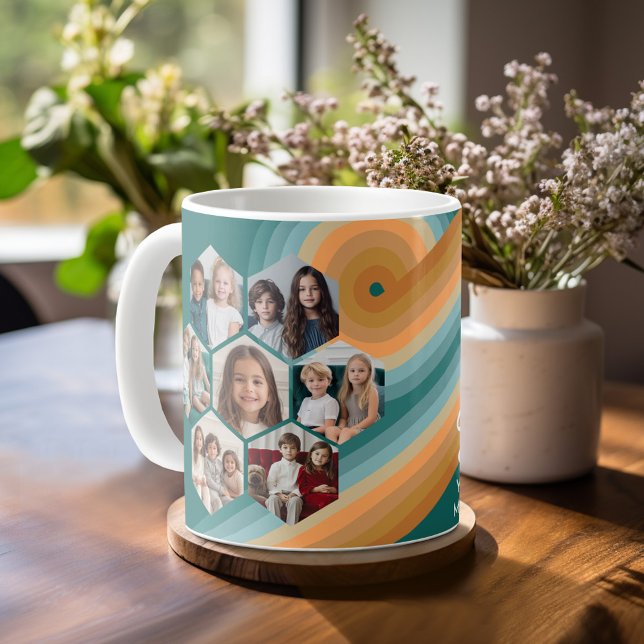 7 Photo Collage funky hexagon pattern sunset colou Coffee Mug (Personalized mug template with a funky 7 photo collage and custom text)