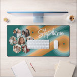 7 Photo Collage funky hexagon pattern sunset colou Desk Mat<br><div class="desc">This fun photo montage includes a place for 7 pictures. The grid includes a grid of hexagon shaped photos with plenty of room to add your favourite party pics. The retro stripe line art in sunset colours add a bit of whimsy to the design. Square photos work best with this...</div>