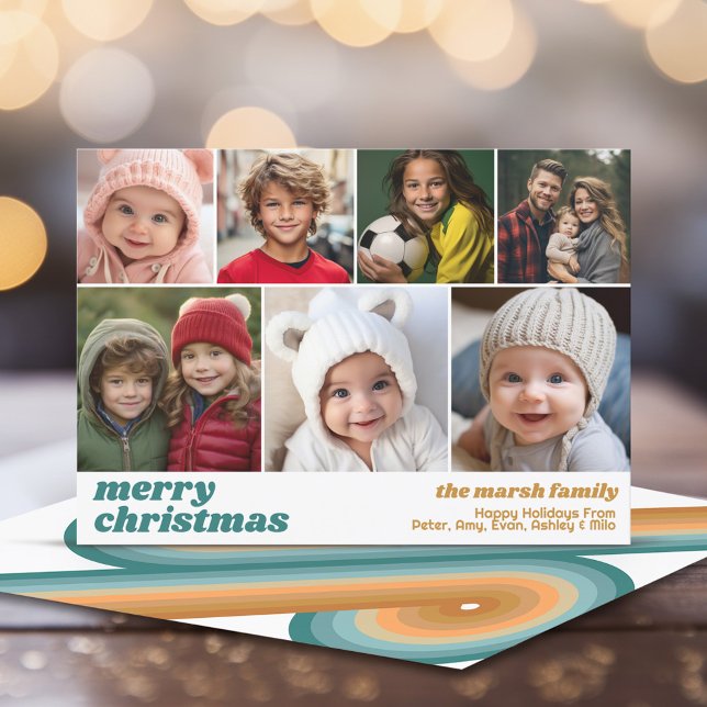 7 Photo Collage - Merry Christmas Retro Line Art Holiday Card (Retro Line Art - Online Christmas Card with a vintage 70s vide - 7 photos)