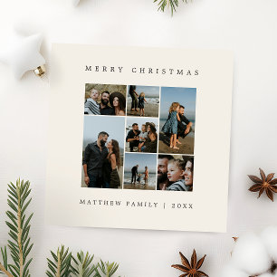 7-Photo Collage Neutral Beige Minimalist Christmas Holiday Card