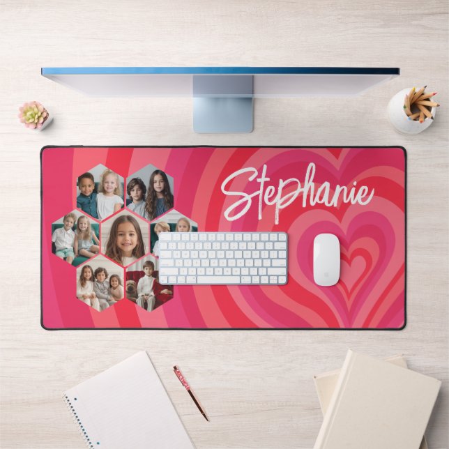 7 Photo Collage Psychedelic Heart Calligraphy Name Desk Mat (Office 1)