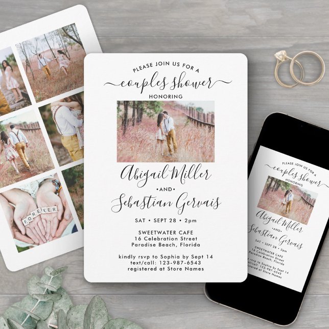 7 Photo Couples Wedding Shower Chic Modern Script Invitation (Creator Uploaded)