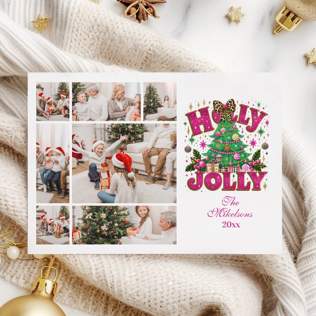 7 Photo Glitter Leopard Bow Holly Jolly Holiday Card (Creator Uploaded)