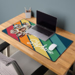 7 Photo Hexagon Collage Retro Stripe - Calligraphy Desk Mat<br><div class="desc">This fun photo montage includes a place for 7 pictures. The grid includes a hexagon shaped photo collage with plenty of room to add your favourite party pics. The retro stripe pattern in bright rainbow colours adds a bit of whimsy to the design. Square photos work best with this template....</div>